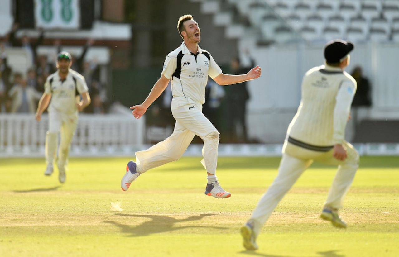 Toby Roland-Jones races off after claiming the final wicket, Middlesex v Yorkshire, County Championship, Division One, Lord's, September 23, 2016