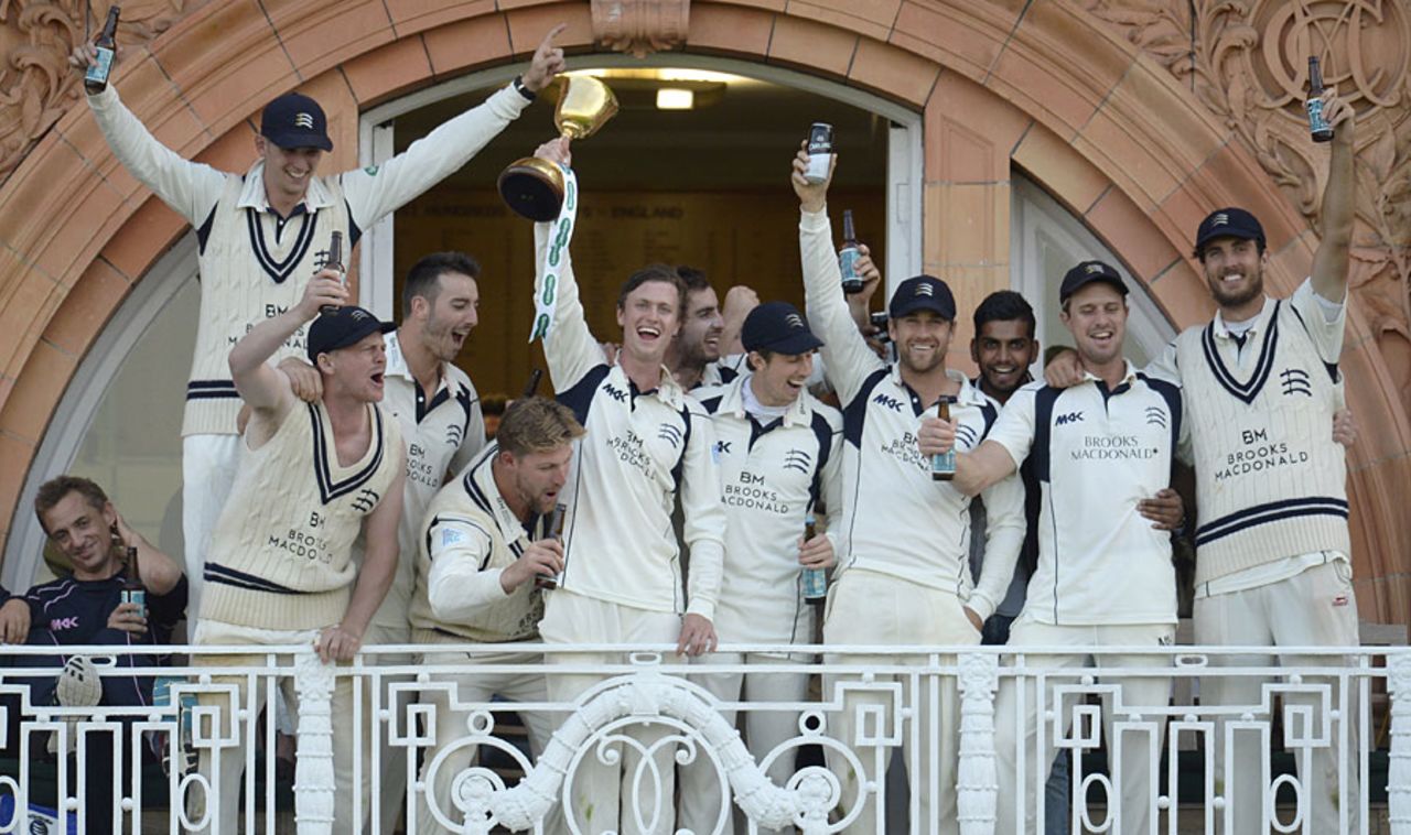 The Middlesex players celebrate on the balcony, Middlesex v Yorkshire, County Championship, Division One, Lord's, September 23, 2016
