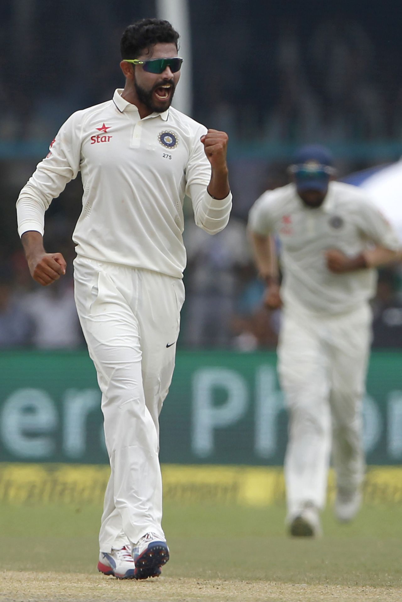 Ravindra Jadeja pumps his fist after a wicket, India v New Zealand, 1st Test, Kanpur, 3rd day, September 24, 2016