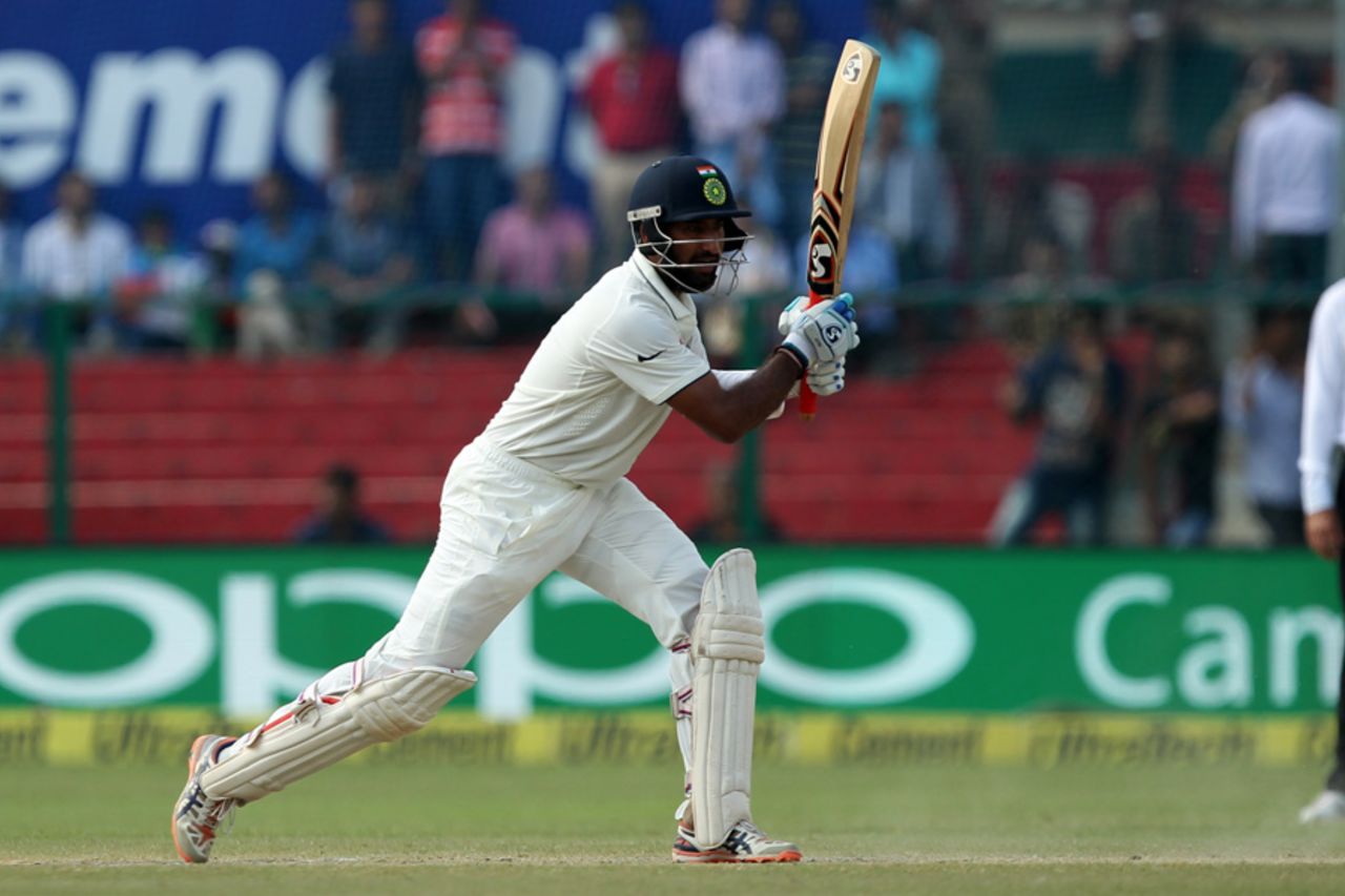Cheteshwar Pujara plays through the covers, India v New Zealand, 1st Test, Kanpur, 4th day, September 25, 2016