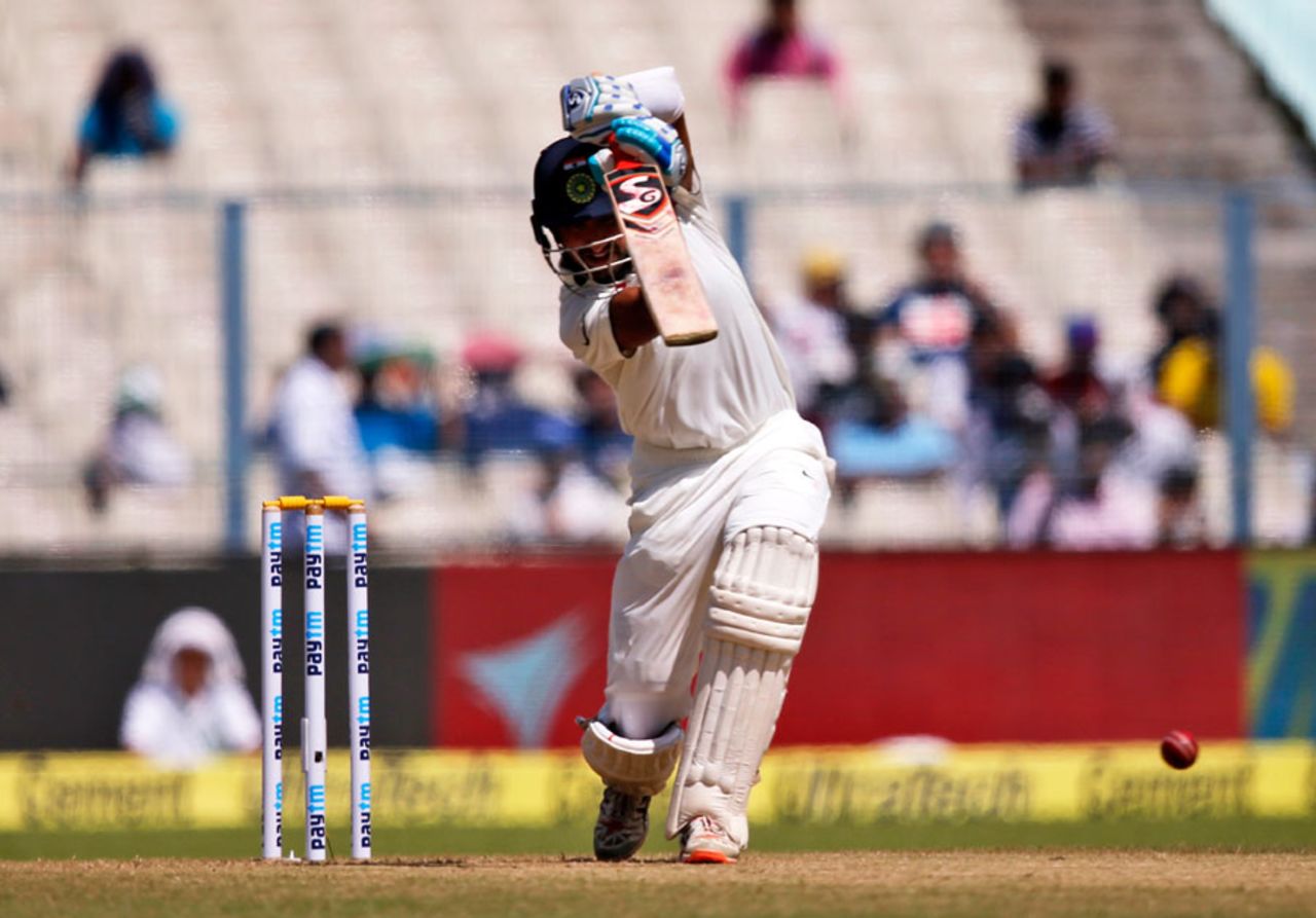 Cheteshwar Pujara drives down the ground, India v New Zealand, 2nd Test, Kolkata, 1st day, September 30, 2016