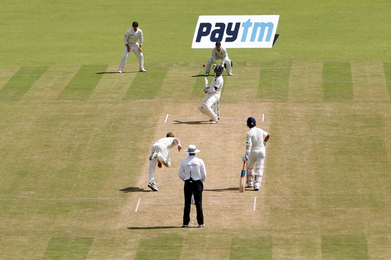 Cheteshwar Pujara gets out of the way of a short ball, India v New Zealand, 2nd Test, Kolkata, 1st day, September 30, 2016