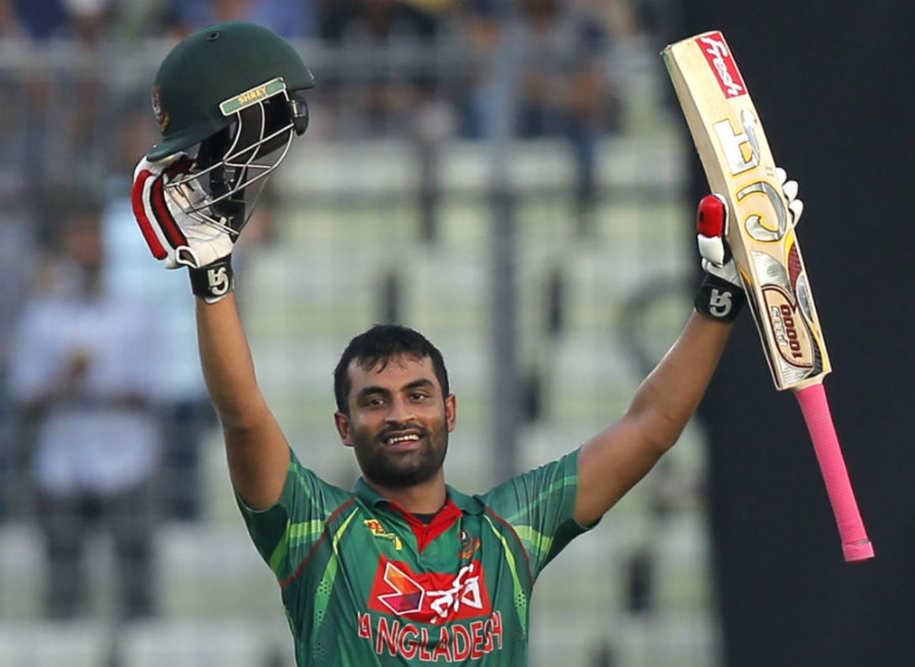 Tamim Iqbal acknowledges the applause of the crowd after getting to his seventh ODI century, Bangladesh v Afghanistan, 3rd ODI, Mirpur, October 1, 2016