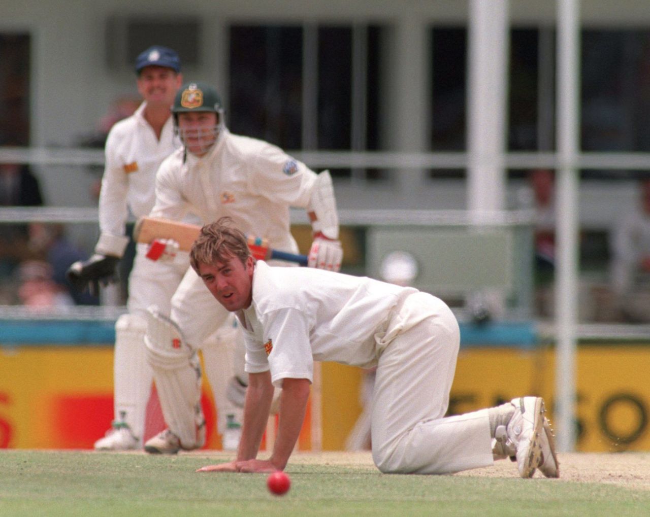 Phil Tufnell fails to stop the ball, hit by Michael Slater, Australia v England, first Test, day one, Brisbane, November 25, 1994