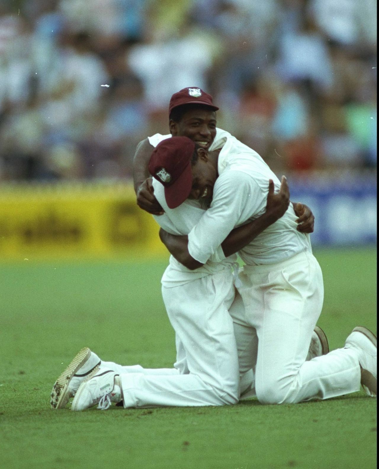 Brian Lara and Keith Arthurton embrace after West Indies' victory, Australia v West Indies, fourth Test, day four, Adelaide, January 26, 1993