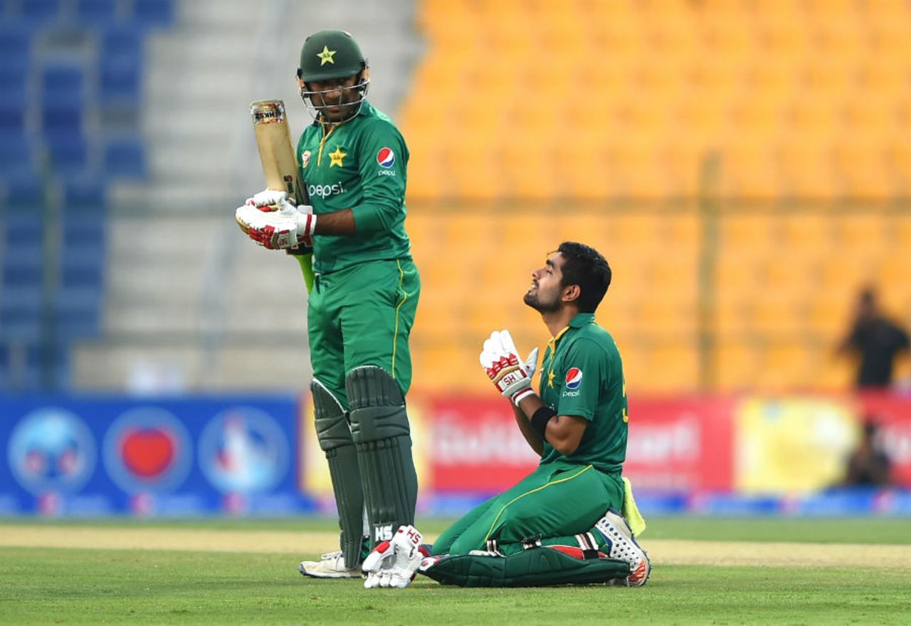 Babar Azam performs the <i> sajdah </i> after scoring his third successive ton, Pakistan v West Indies, 3rd ODI, Abu Dhabi