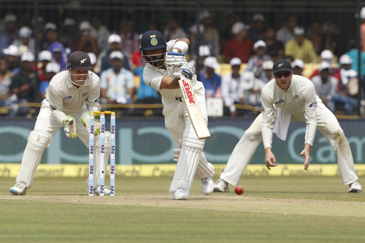 Virat Kohli drives down the ground, India v New Zealand, 3rd Test, Indore, 1st day, October 8, 2016