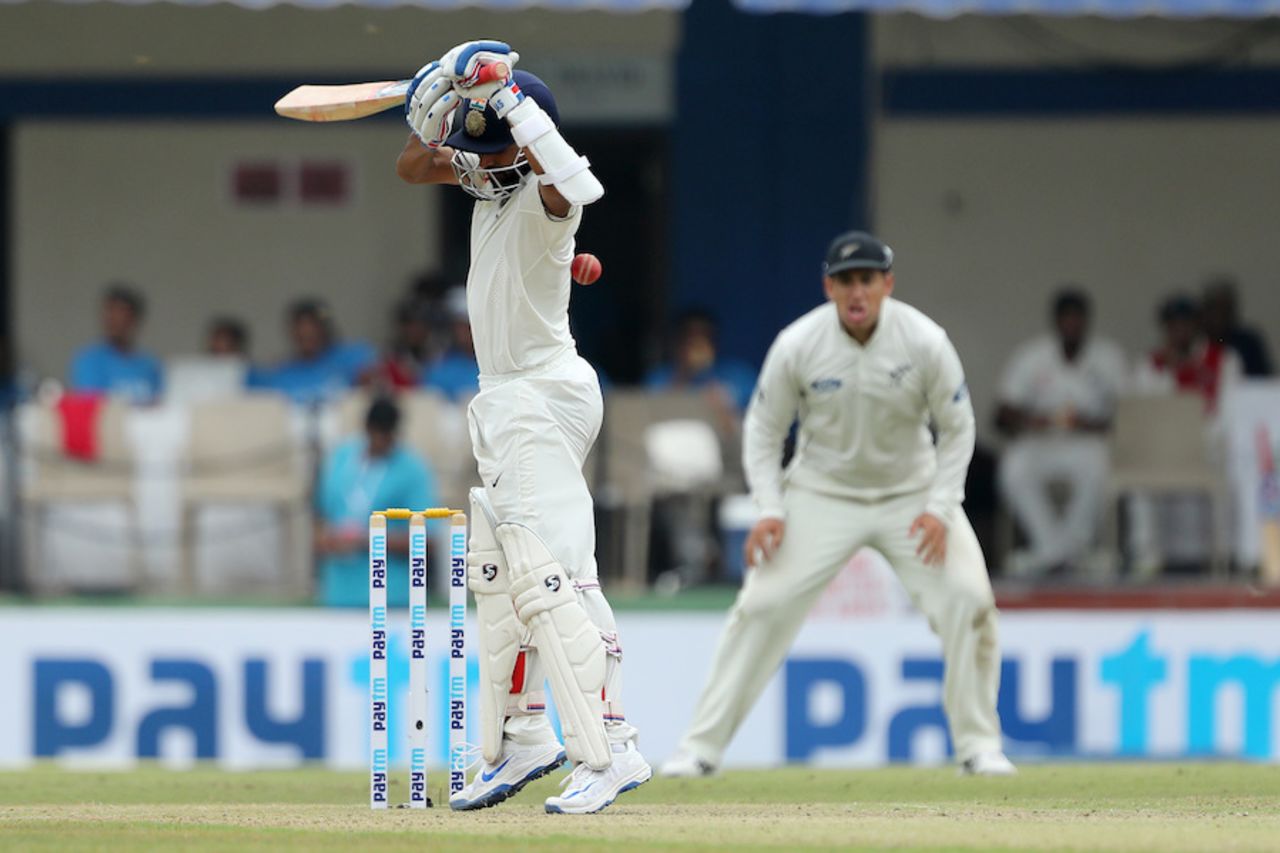 Ajinkya Rahane tries to evade a short ball, India v New Zealand, 3rd Test, Indore, 1st day, October 8, 2016