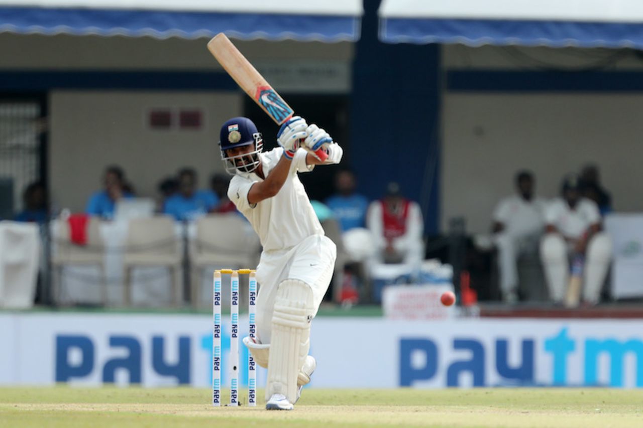 Ajinkya Rahane drives down the ground, India v New Zealand, 3rd Test, Indore, 1st day, October 8, 2016