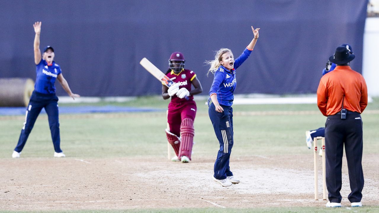 Alex Hartley appeals for a leg before decision, West Indies v England, 1st Women's ODI, Trelawny, October 8, 2016