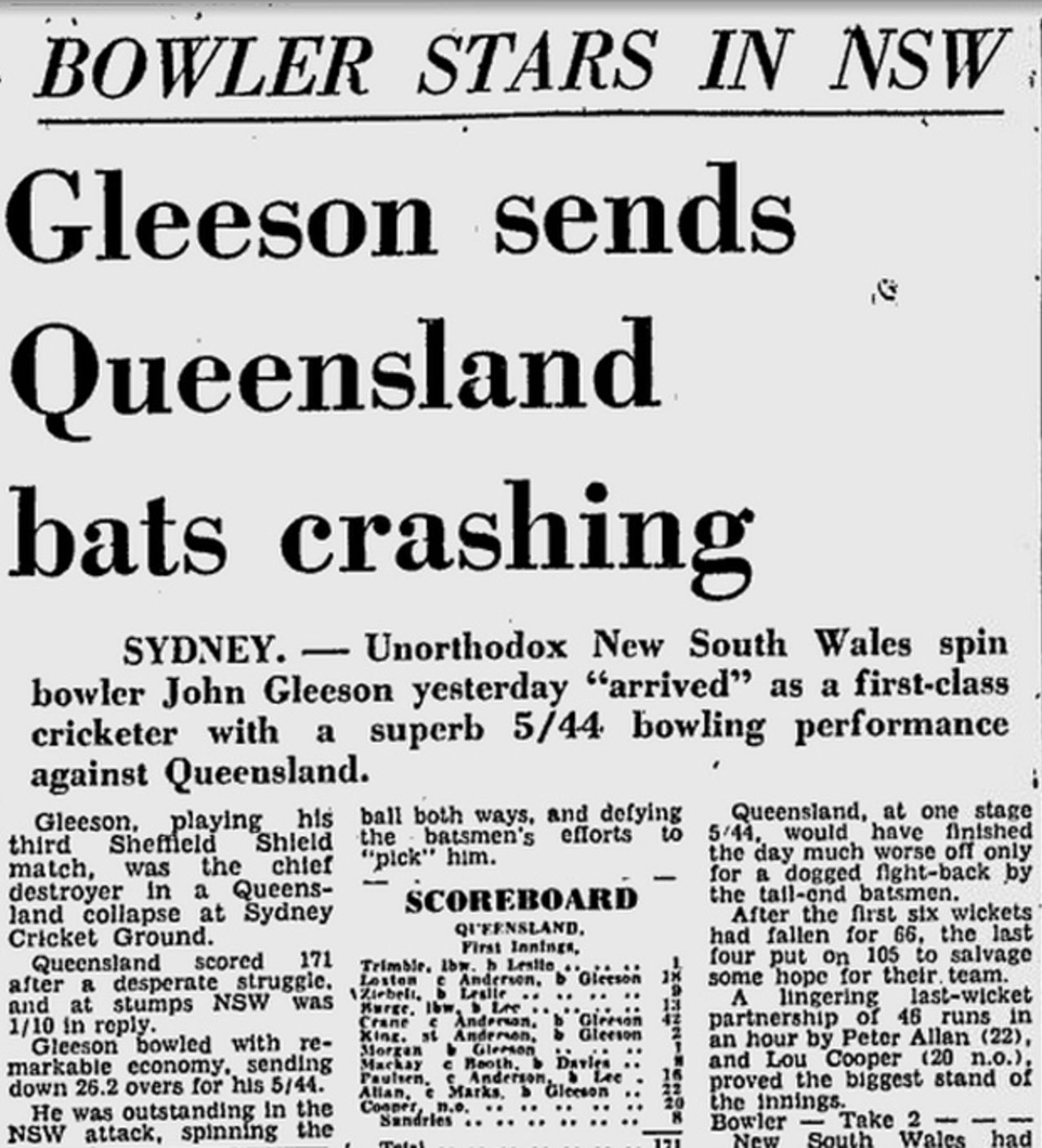 A news report on John Gleeson's five-wicket haul against Queensland, New South Wales v Queensland, Sheffield Shield, Sydney, December 31, 1966