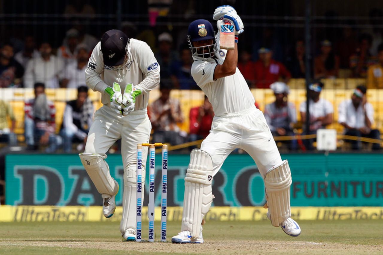 Ajinkya Rahane straight drives, India v New Zealand, 3rd Test, Indore, 2nd day, October 9, 2016