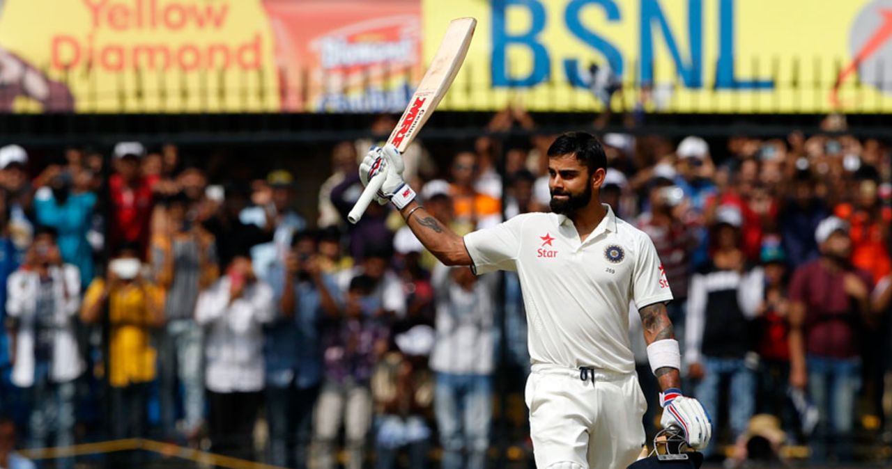 Virat Kohli acknowledges the applause on getting to his second double-hundred, India v New Zealand, 3rd Test, Indore, 2nd day, October 9, 2016