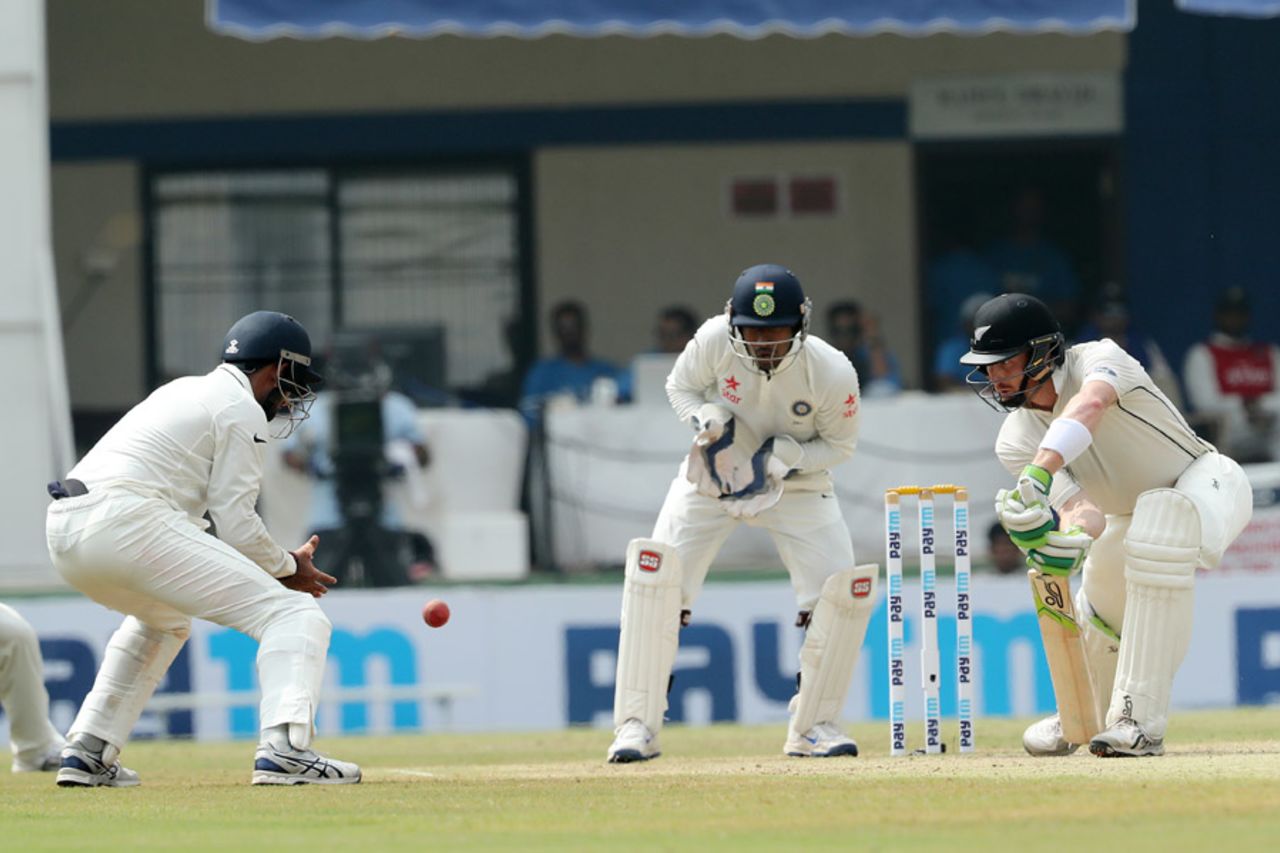 Martin Guptill defends off the front foot, India v New Zealand, 3rd Test, Indore, 3rd day, October 10, 2016