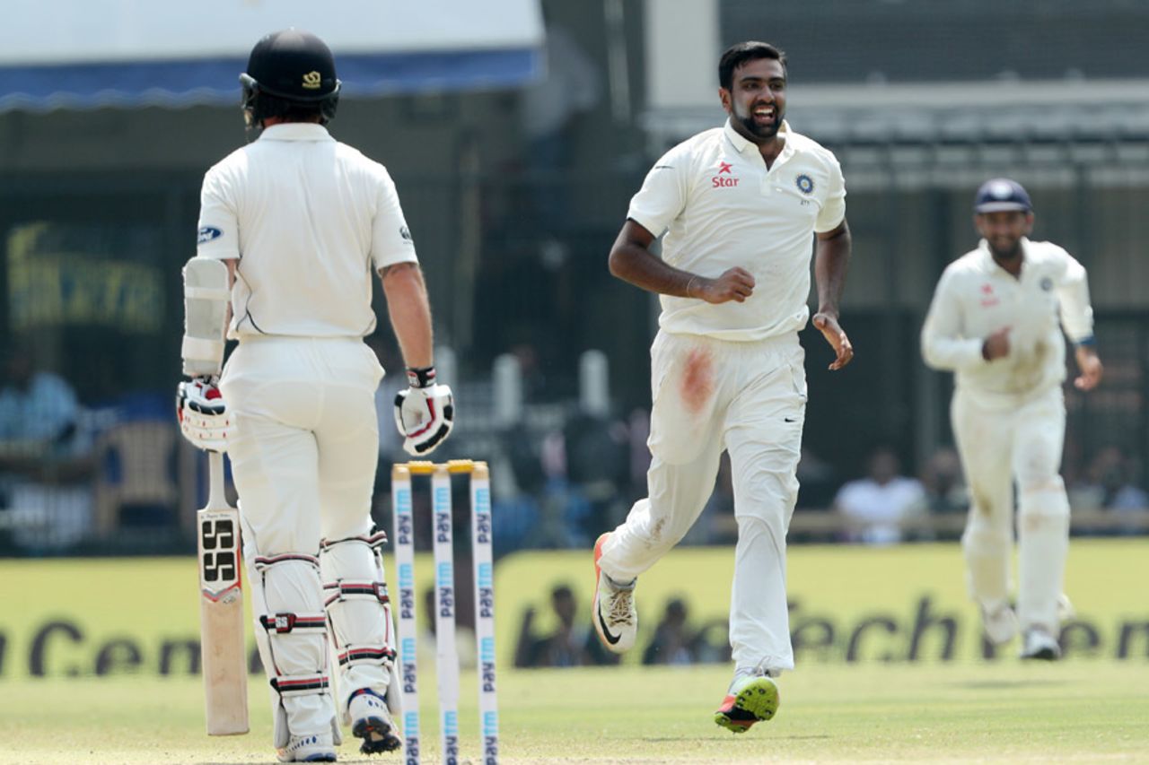 R Ashwin celebrates the wicket of Luke Ronchi, his fourth of the day, India v New Zealand, 3rd Test, Indore, 3rd day, October 10, 2016
