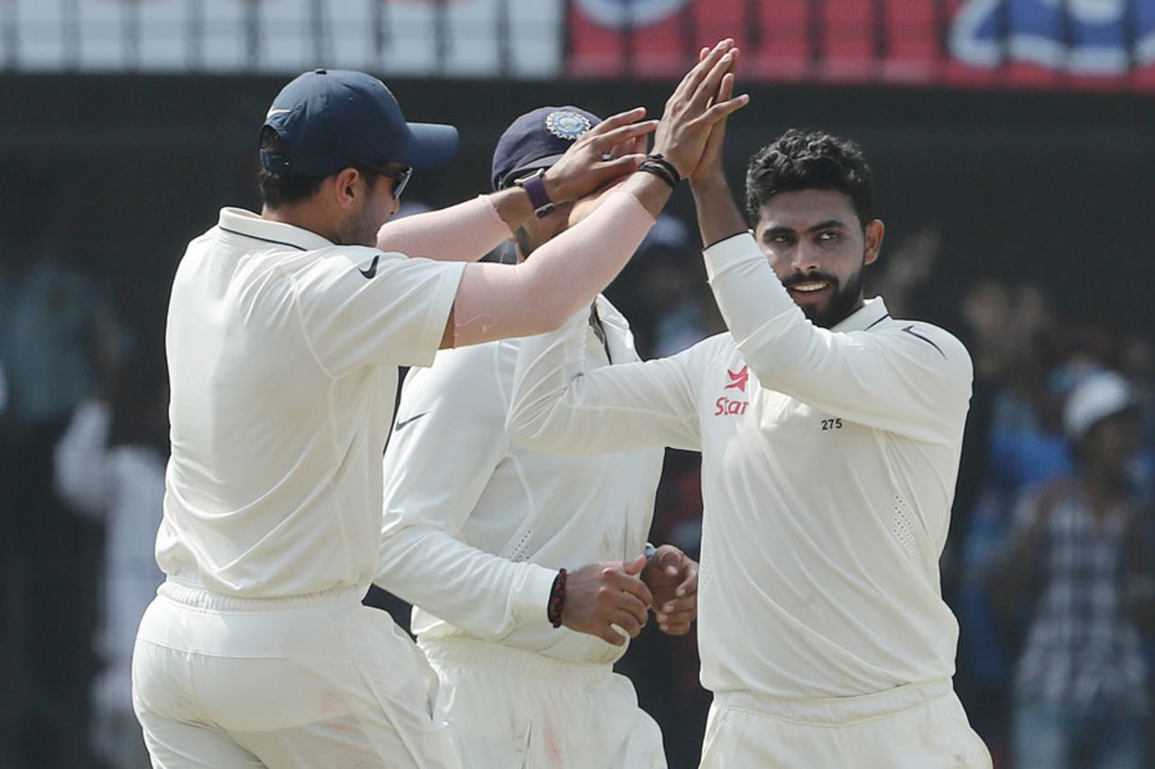 Ravindra Jadeja is relieved after picking up his first wicket, India v New Zealand, 3rd Test, Indore, 3rd day, October 10, 2016