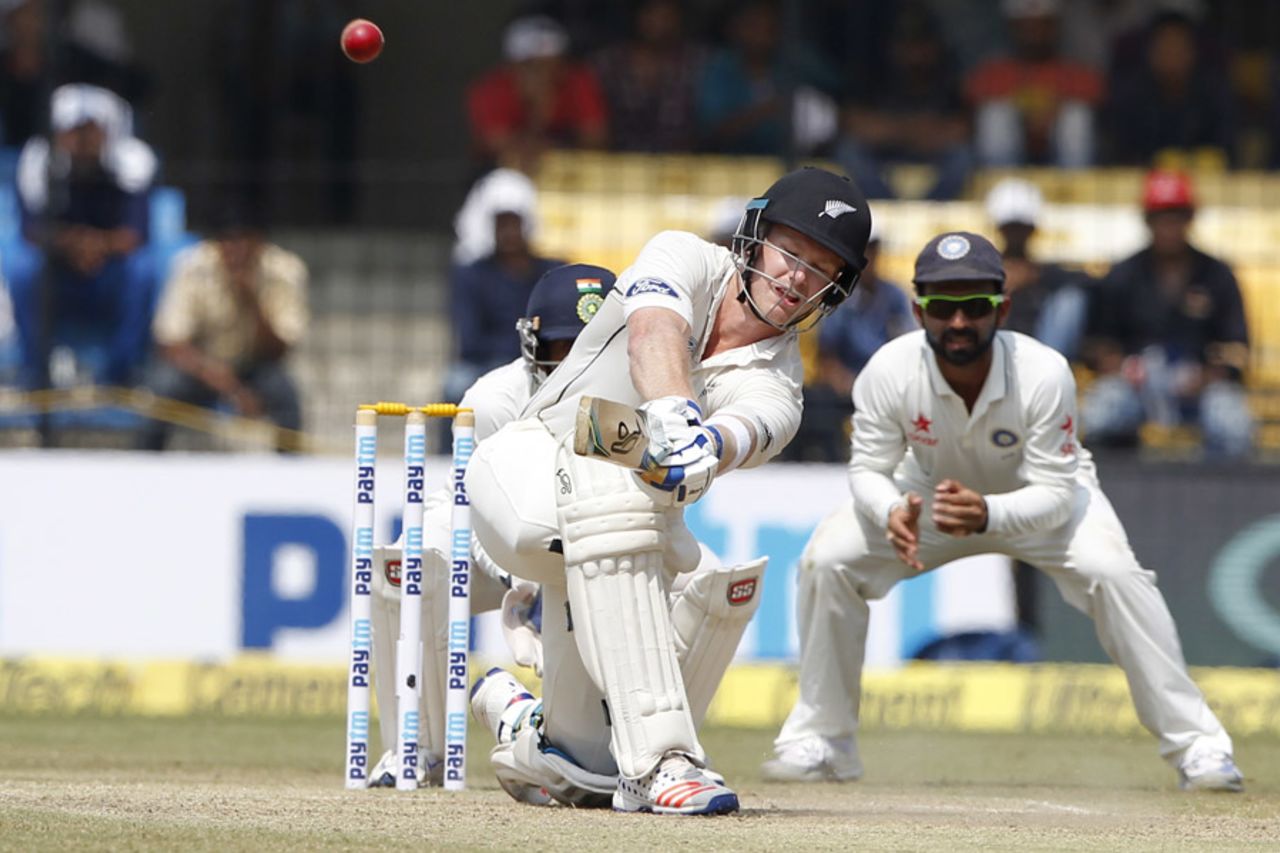 James Neesham plays a slog sweep,  India v New Zealand, 3rd Test, Indore, 3rd day, October 10, 2016