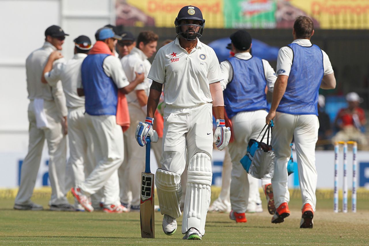 M Vijay walks back after he was run out for 19 early on the fourth day, India v New Zealand, 3rd Test, Indore, 4th day, October 11, 2016