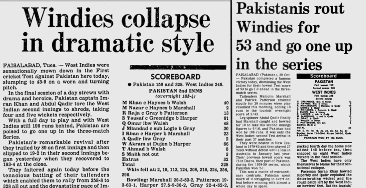 Headlines from day four and five of the 1986-87 Faisalabad Test where West Indies were bowled out for 53, Pakistan v West Indies, 1st Test, Faisalabad, October 1986