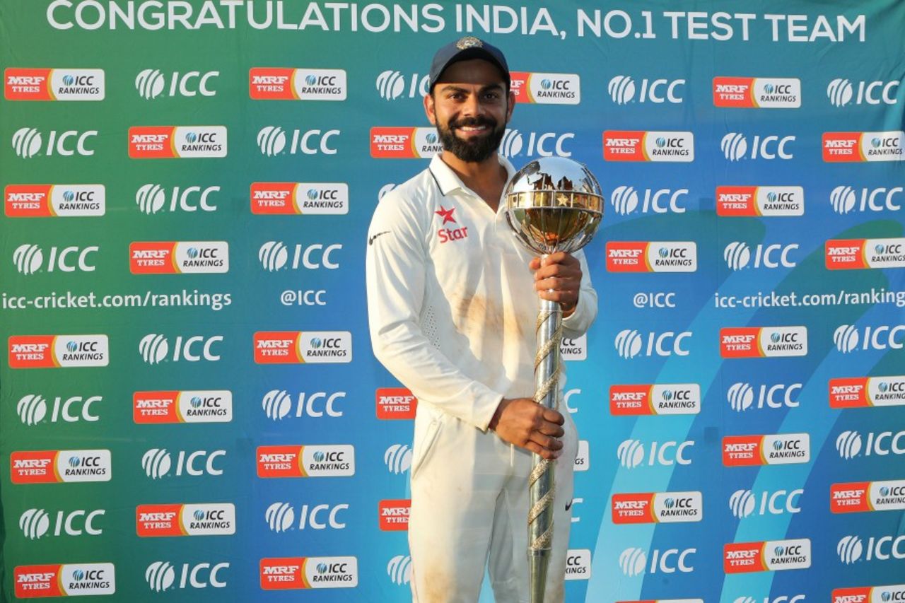 Virat Kohli was presented with the Test mace, India v New Zealand, 3rd Test, Indore, 4th day, October 11, 2016
