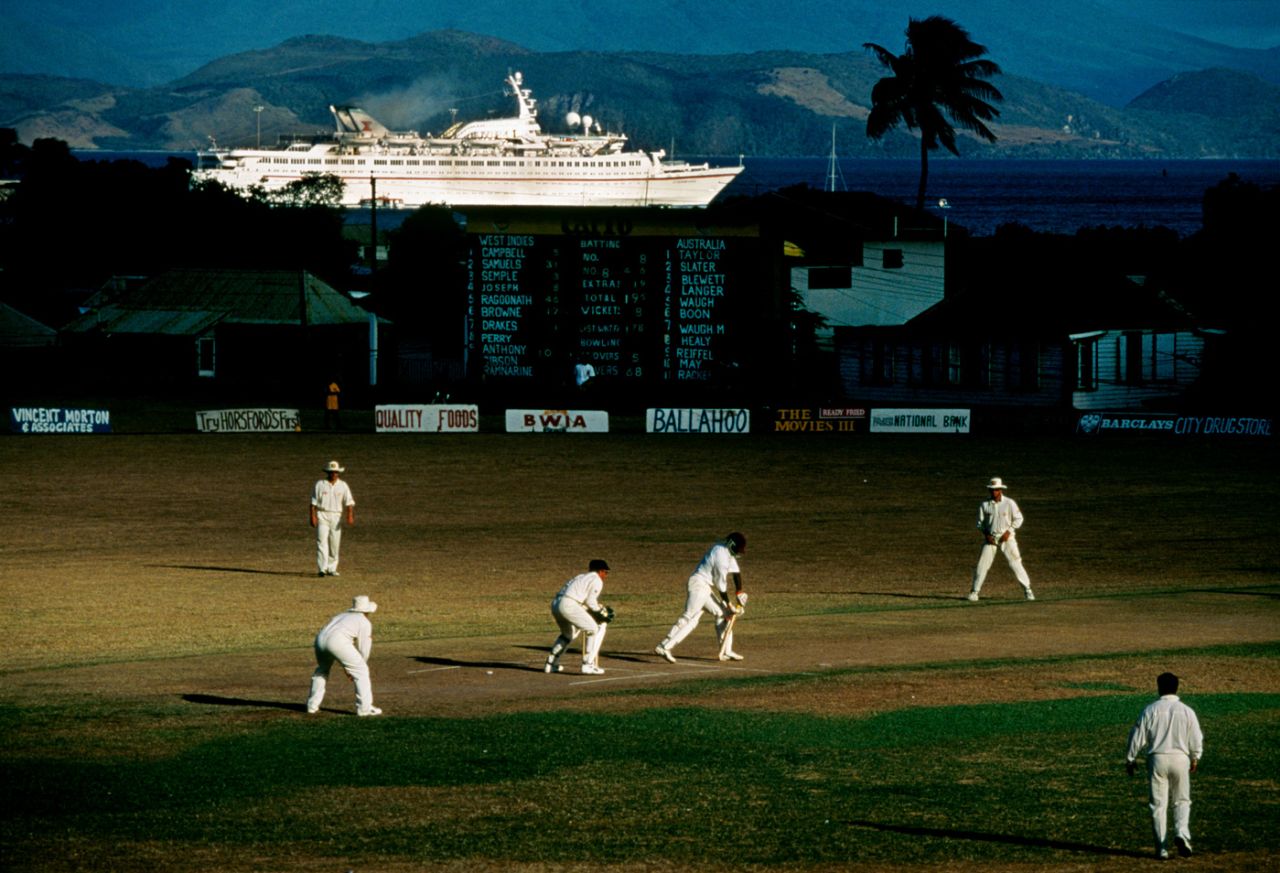 A cruise ship can be seen in the distance from Warner Park, West Indies Board XI v Australians, 1st day, St Kitts, April 15, 1995