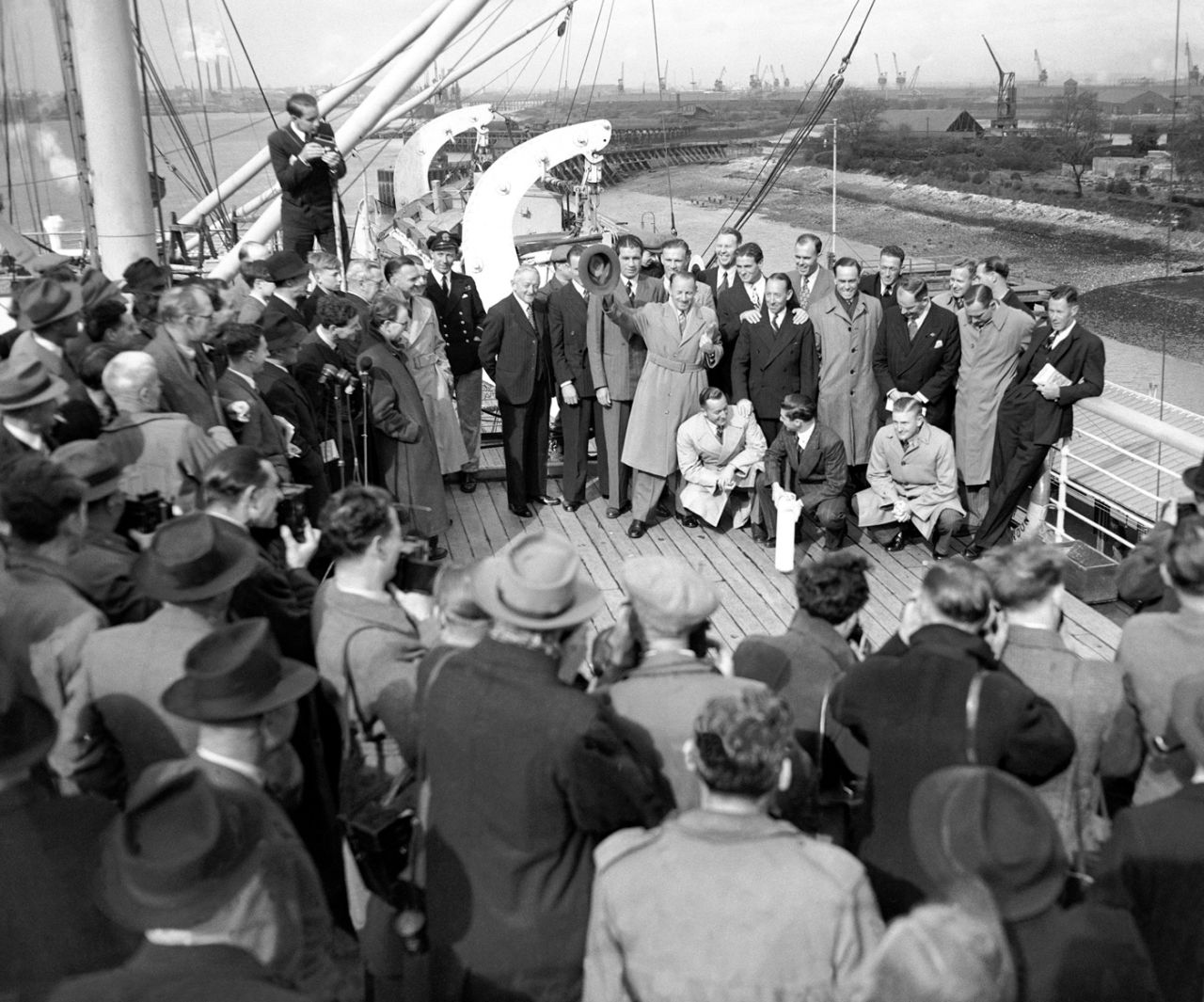 Don Bradman and the Australian team are greeted at the Tilbury docks upon their arrival for the 1948 Ashes, April 16, 1948