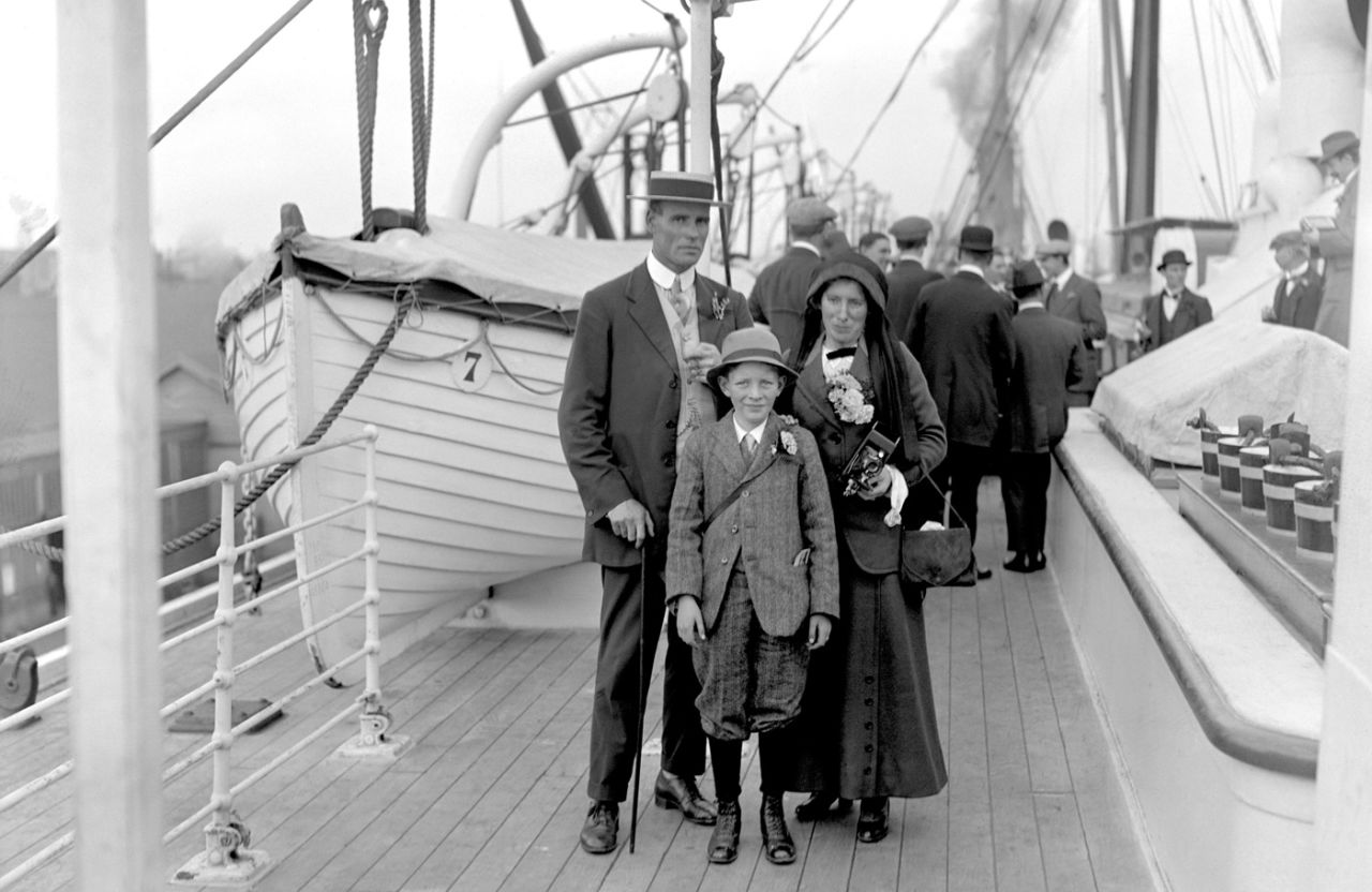 Sydney Barnes with his wife and son on board the RMS <i>Saxon</i> to South Africa, 1913
