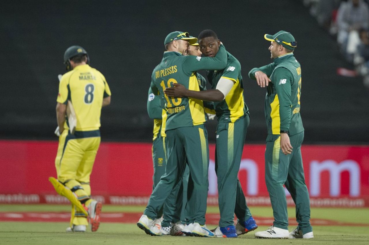 Kagiso Rabada and South Africa celebrate the wicket of Mitchell Marsh, South Africa v Australia, 5th ODI, Cape Town, October 12, 2016