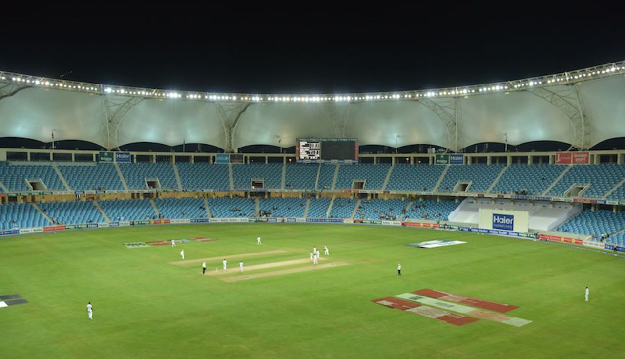 A view of the Dubai International Cricket Stadium after the lights came on, Pakistan v West Indies, 1st Test, Dubai, 1st day, October 13, 2016
