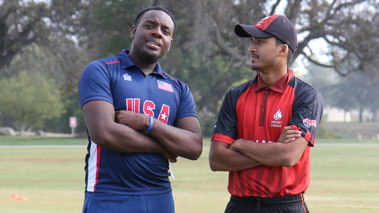 Steven Taylor and Nitish Kumar chat before the toss, USA v Canada, Auty Cup, Los Angeles, October 13, 2016