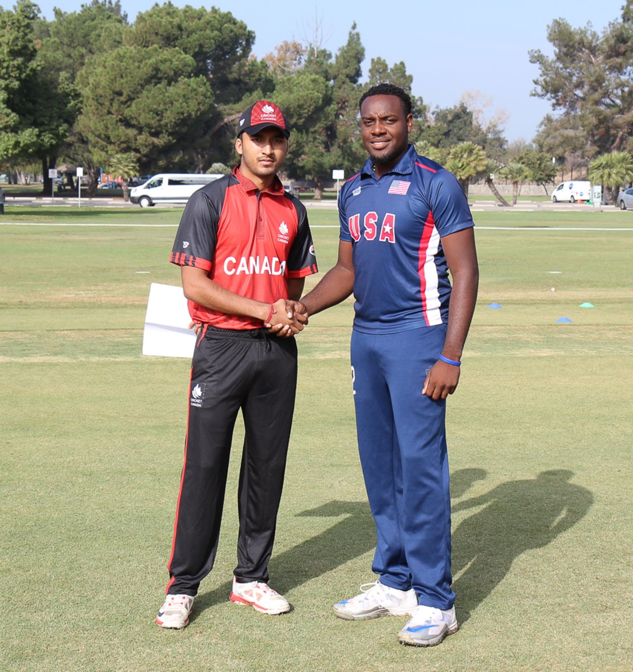 Steven Taylor and Nitish Kumar shake hands at the toss in their first match as captain of their respective sides, USA v Canada, Auty Cup, Los Angeles, October 13, 2016