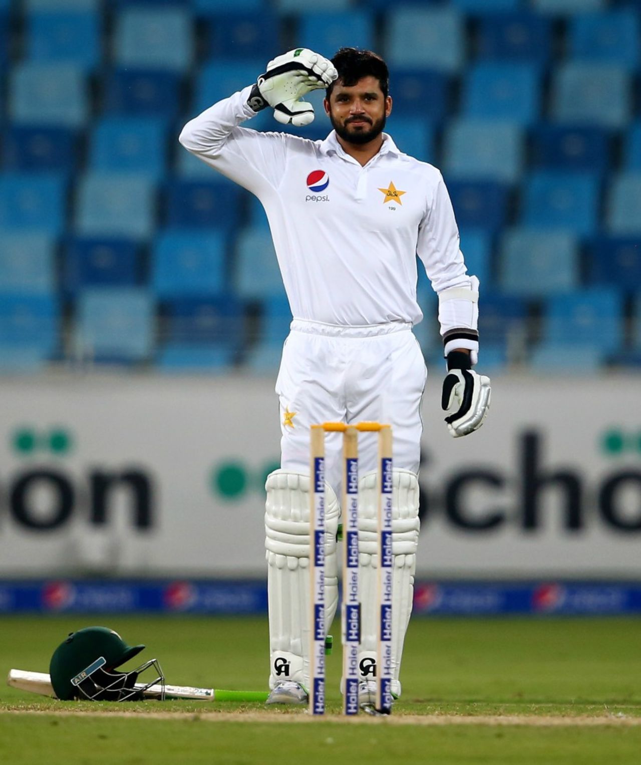 Azhar Ali salutes upon reaching his double century, Pakistan v West Indies, 1st Test, Dubai, 2nd day, October 14, 2016