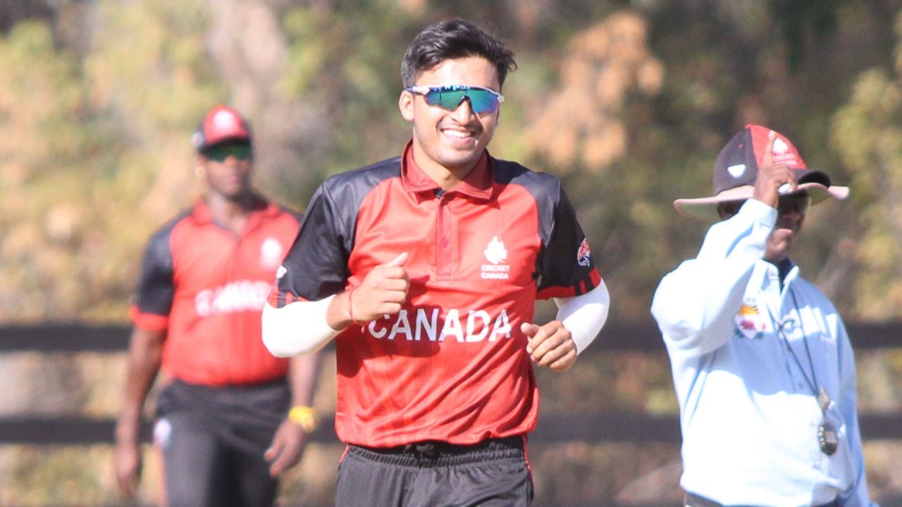 Nitish Kumar celebrates after taking the wicket of Akeem Dodson, USA v Canada, Auty Cup, Los Angeles, October 13, 2016