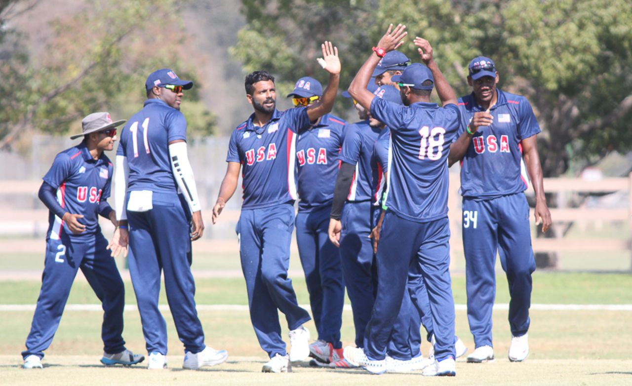 Prashanth Nair gets congratulated for taking the wicket of Nitish Kumar, USA v Canada, Auty Cup, Los Angeles, October 14, 2016