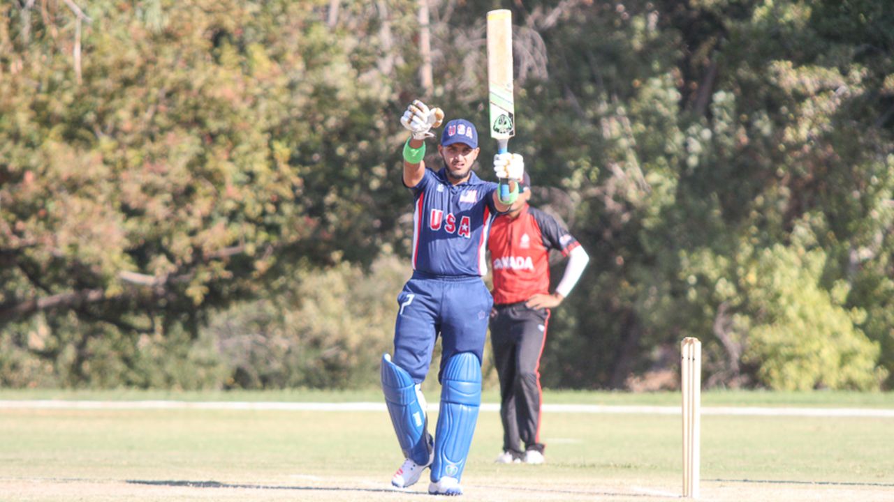 Fahad Babar raises his bat after his second fifty of the series, USA v Canada, Auty Cup, Los Angeles, October 14, 2016