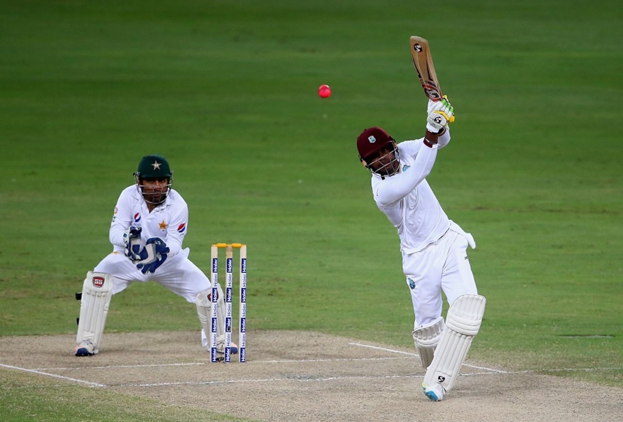 Marlon Samuels launches the ball over the top, Pakistan v West Indies, 1st Test, Dubai, 3rd day, October 15, 2016