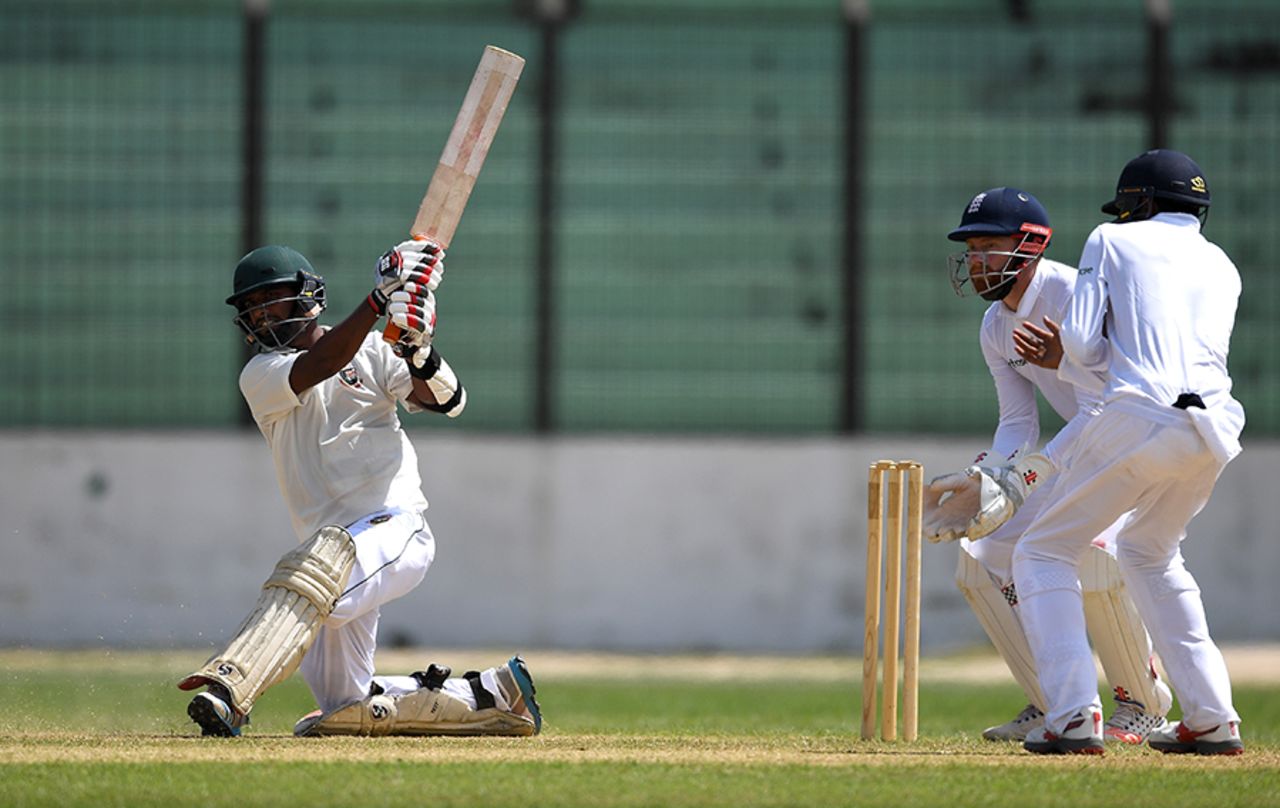 Abdul Mazid plays a sweep during his innings of 106, BCB XI v England XI, tour match, 1st day, Chittagong, October 16, 2016