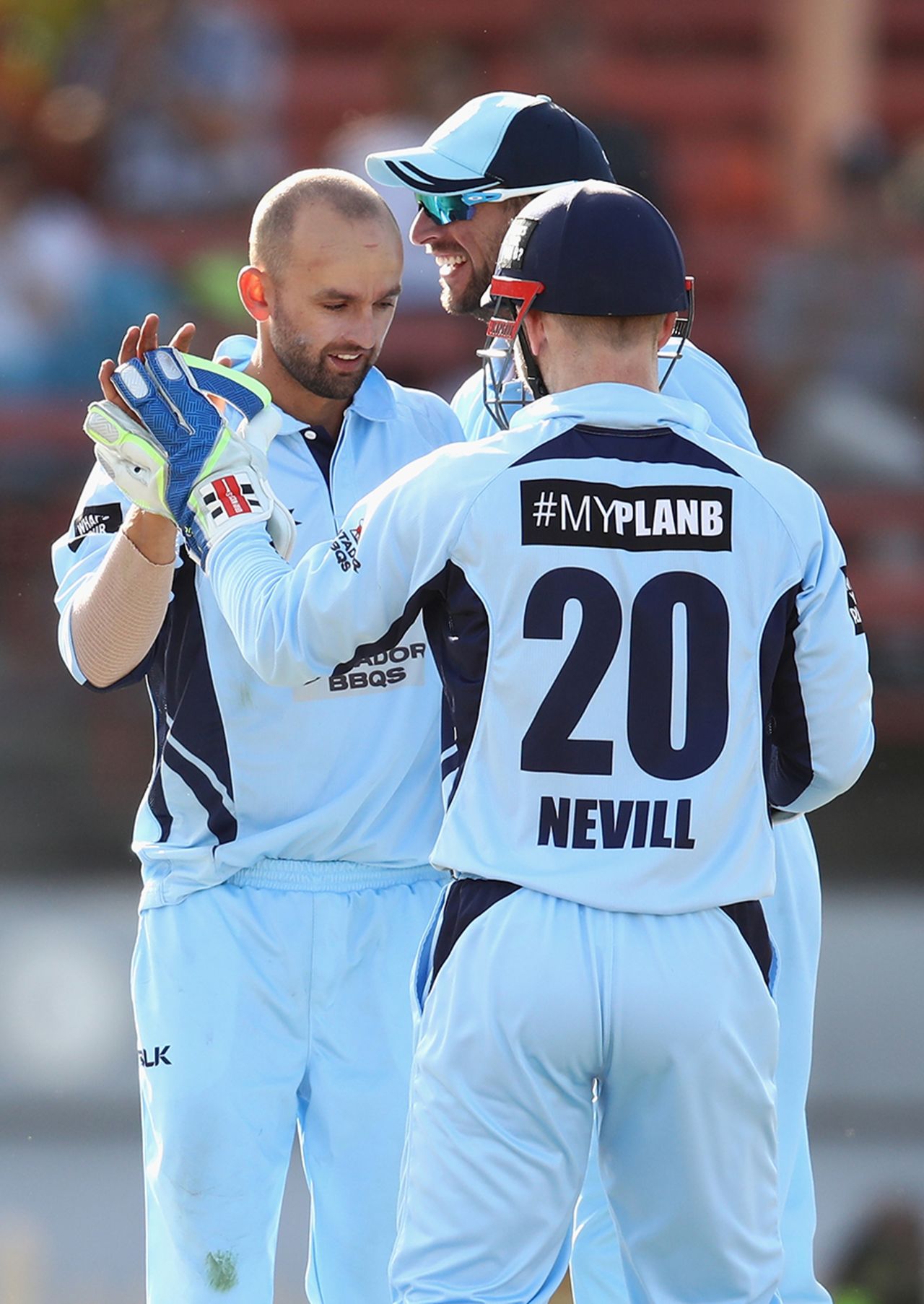 Nathan Lyon celebrates a wicket with his team-mates,  New South Wales v Victoria, Matador Cup 2016-17, Sydney, October 16, 2016