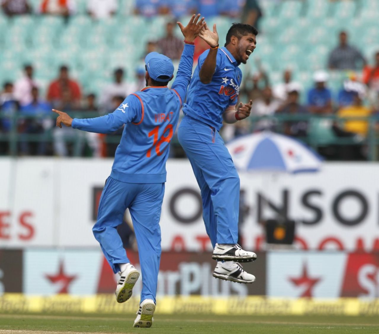 Umesh Yadav celebrates one of his two early wickets, India v New Zealand, 1st ODI, Dharamsala, October 16, 2016