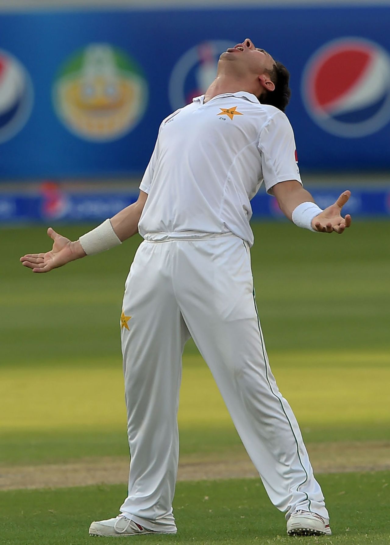 Yasir Shah exults after taking his 100th Test wicket, Pakistan v West Indies, 1st Test, Dubai, 4th day, October 16, 2016