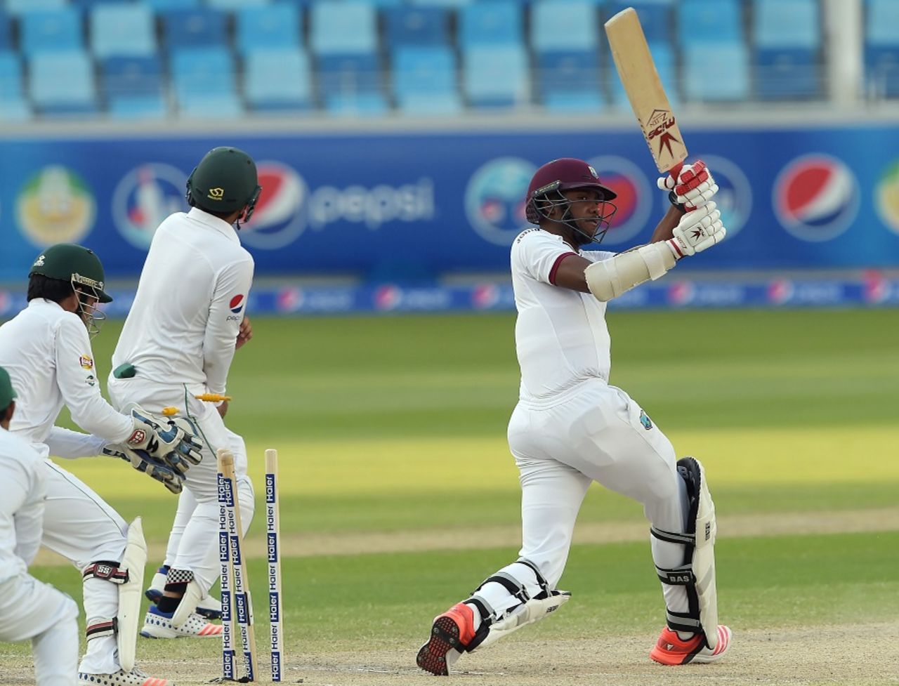 Miguel Cummins has his stumps broken by Yasir Shah, Pakistan v West Indies, 1st Test, Dubai, 4th day, October 16, 2016