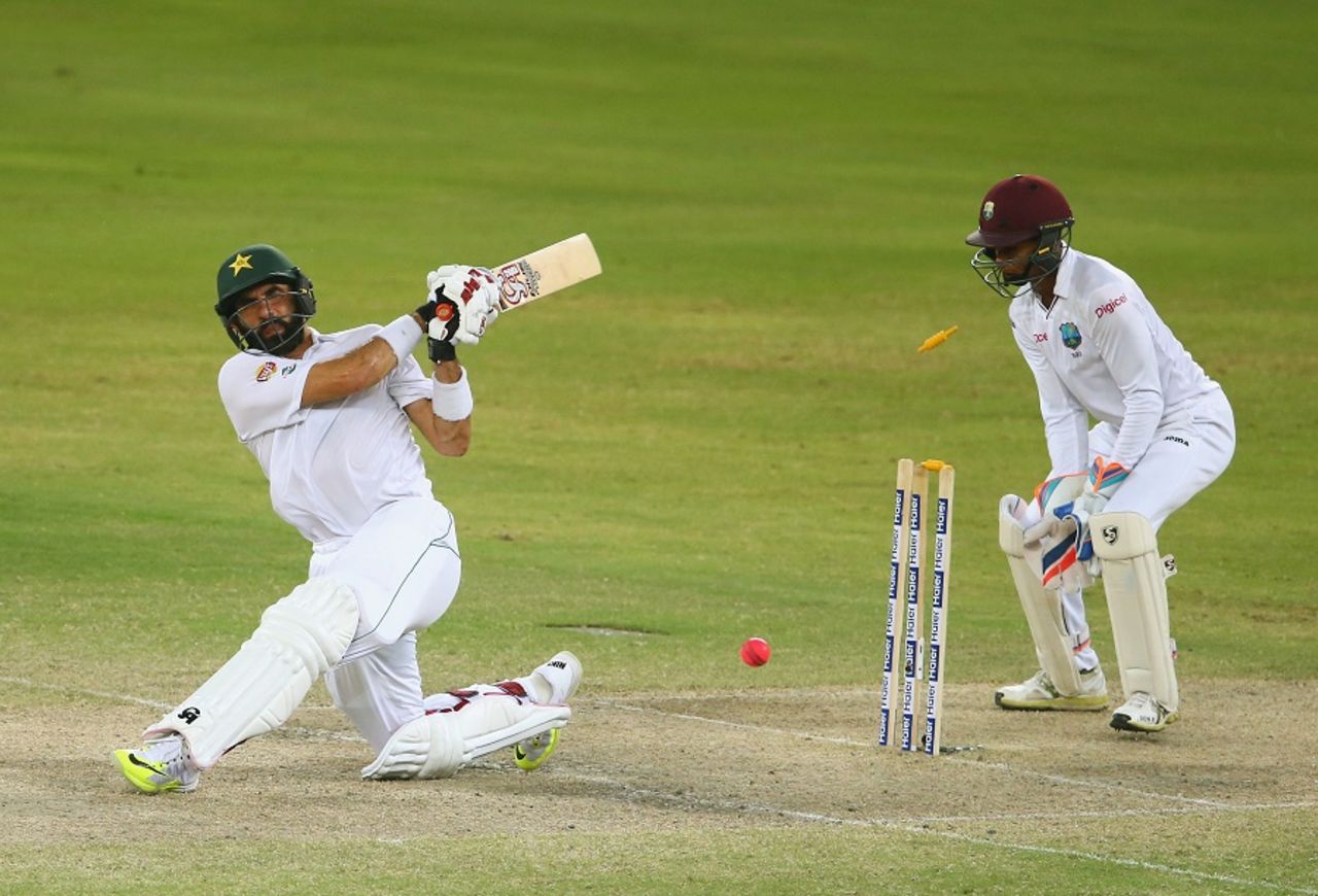 Misbah-ul-Haq was bowled attempting a sweep shot against Devendra Bishoo, Pakistan v West Indies, 1st Test, Dubai, 4th day, October 16, 2016