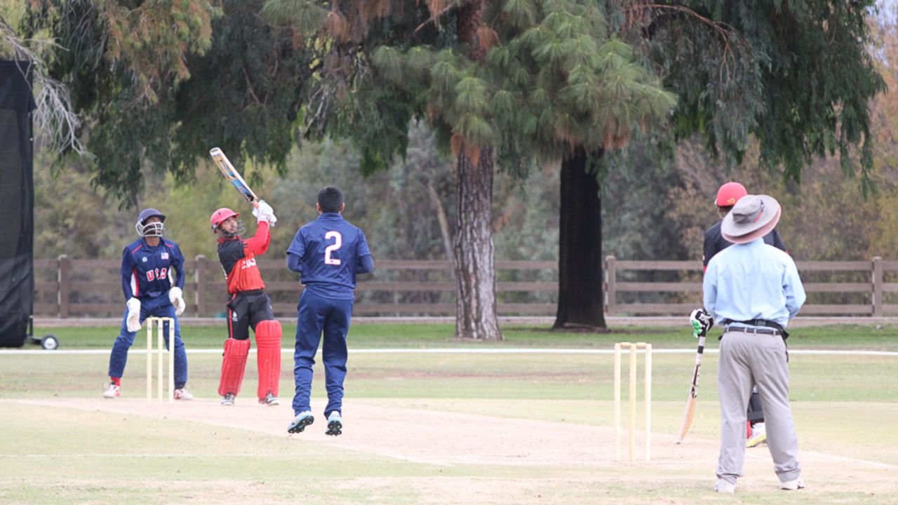 Parveen Saroye hits Timil Patel for six, USA v Canada, Auty Cup, Los Angeles, October 16, 2016