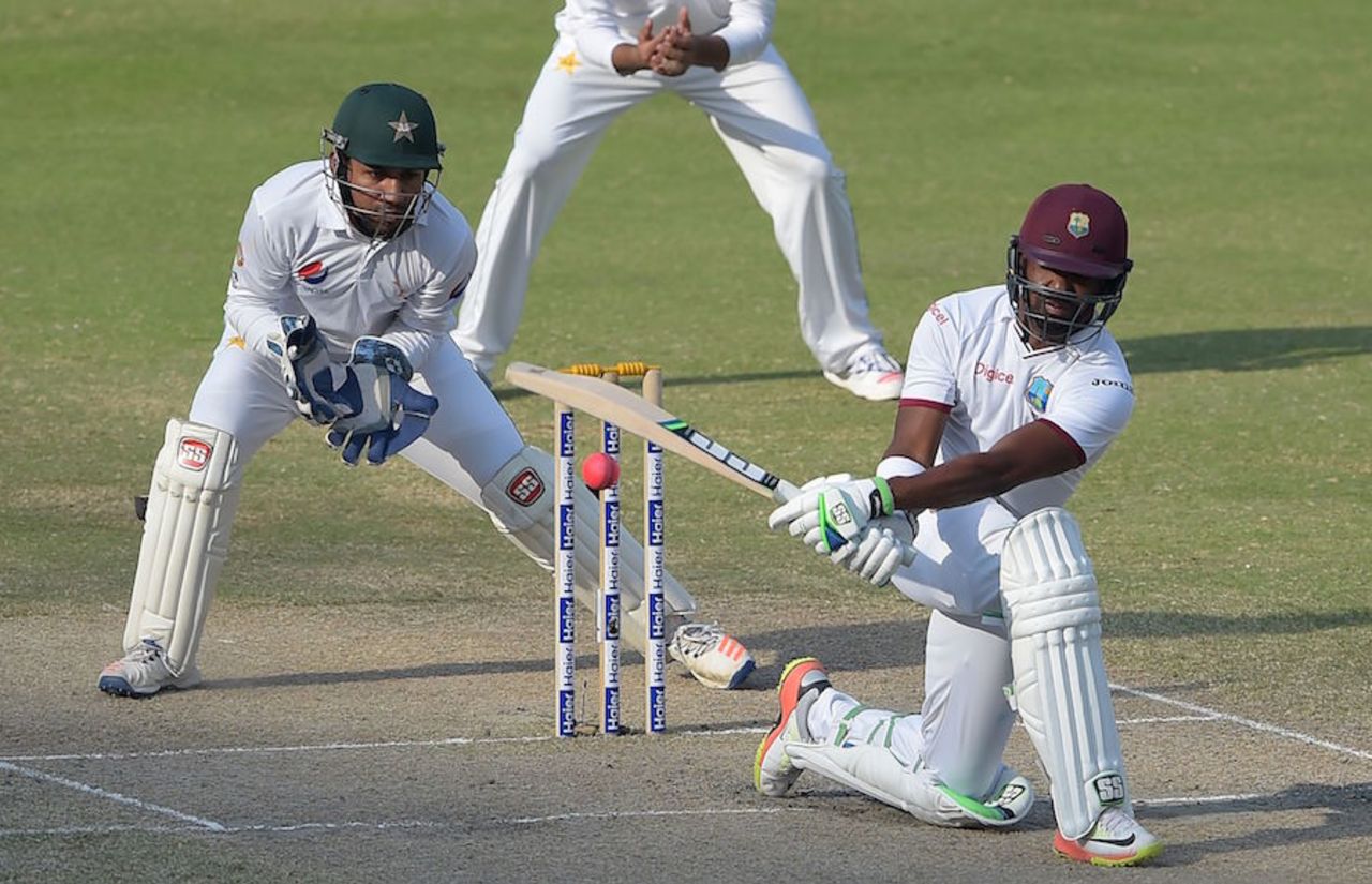 Darren Bravo sweeps the ball during his resisting knock, Pakistan v West Indies, 1st Test, Dubai, 5th day, October 17, 2016