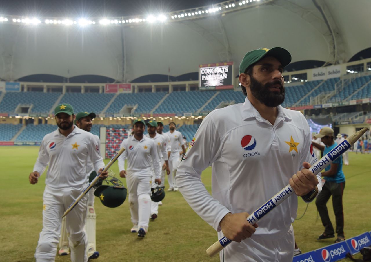 Misbah-ul-Haq leads his team off after the victory, Pakistan v West Indies, 1st Test, Dubai, 5th day, October 17, 2016