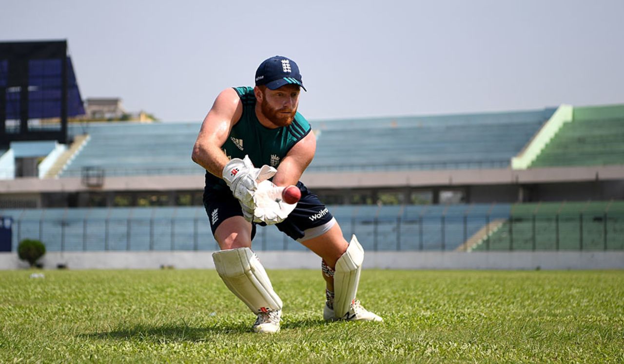 Jonny Bairstow prepares to resume behind the stumps, Chittagong, October 18, 2016