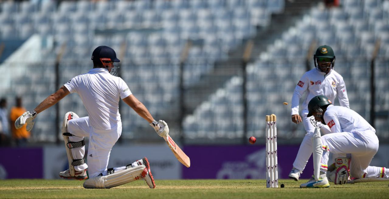 Alastair Cook is bowled on the sweep by Shakib Al Hasan, Bangladesh v England, 1st Test, Chittagong, 1st day, October 20, 2016