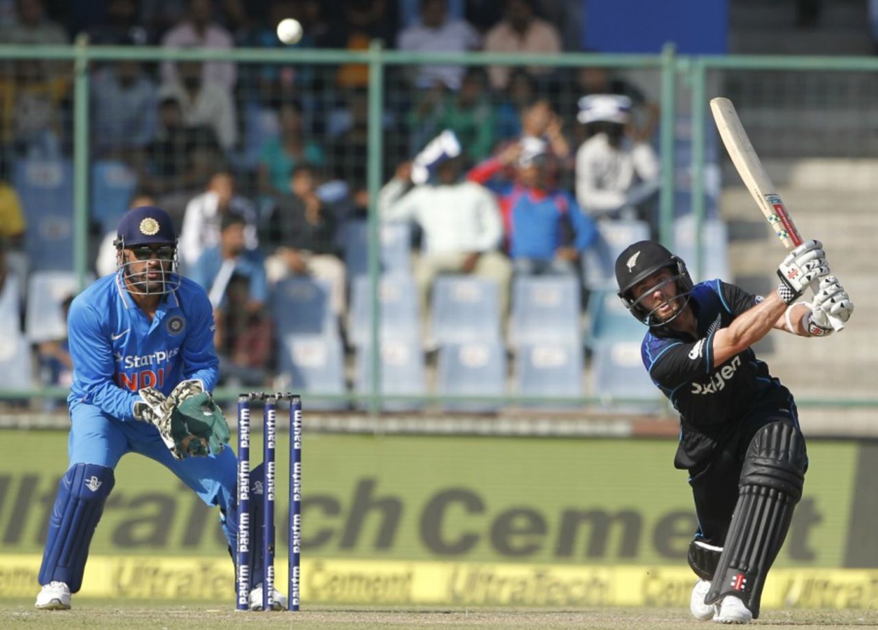 Kane Williamson lofts over cover, India v New Zealand, 2nd ODI, Delhi, October 20, 2016