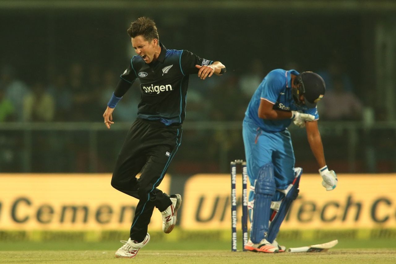 Trent Boult exults after dismissing Rohit Sharma, India v New Zealand, 2nd ODI, Delhi, October 20, 2016