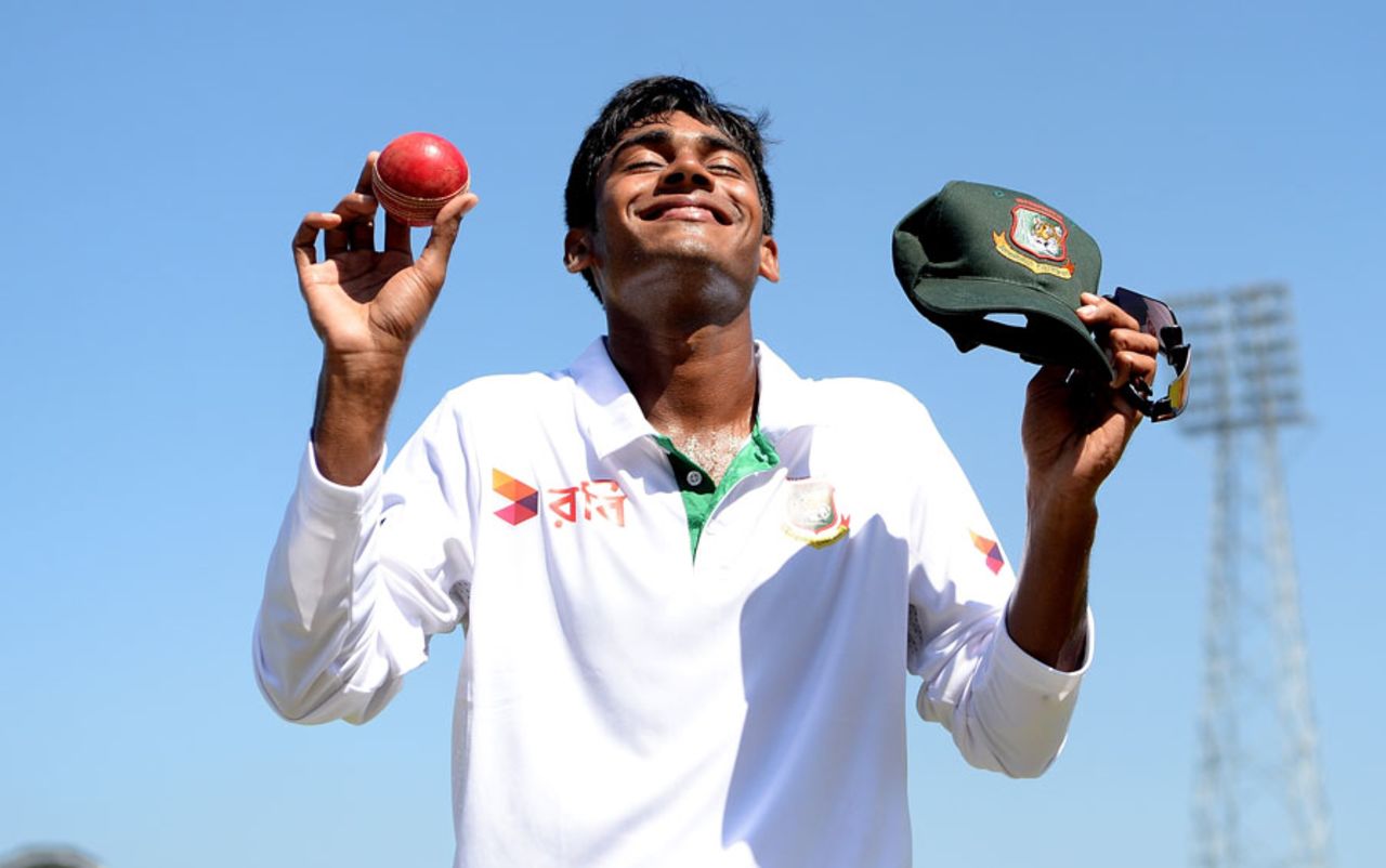 Mehedi Hasan holds up the match ball after his debut figures of 6 for 80, Bangladesh v England, 1st Test, Chittagong, 2nd day, October 21, 2016